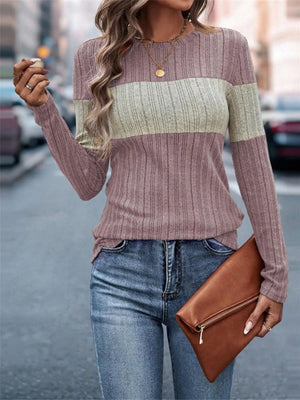 Elegant round neck sweater color block front view