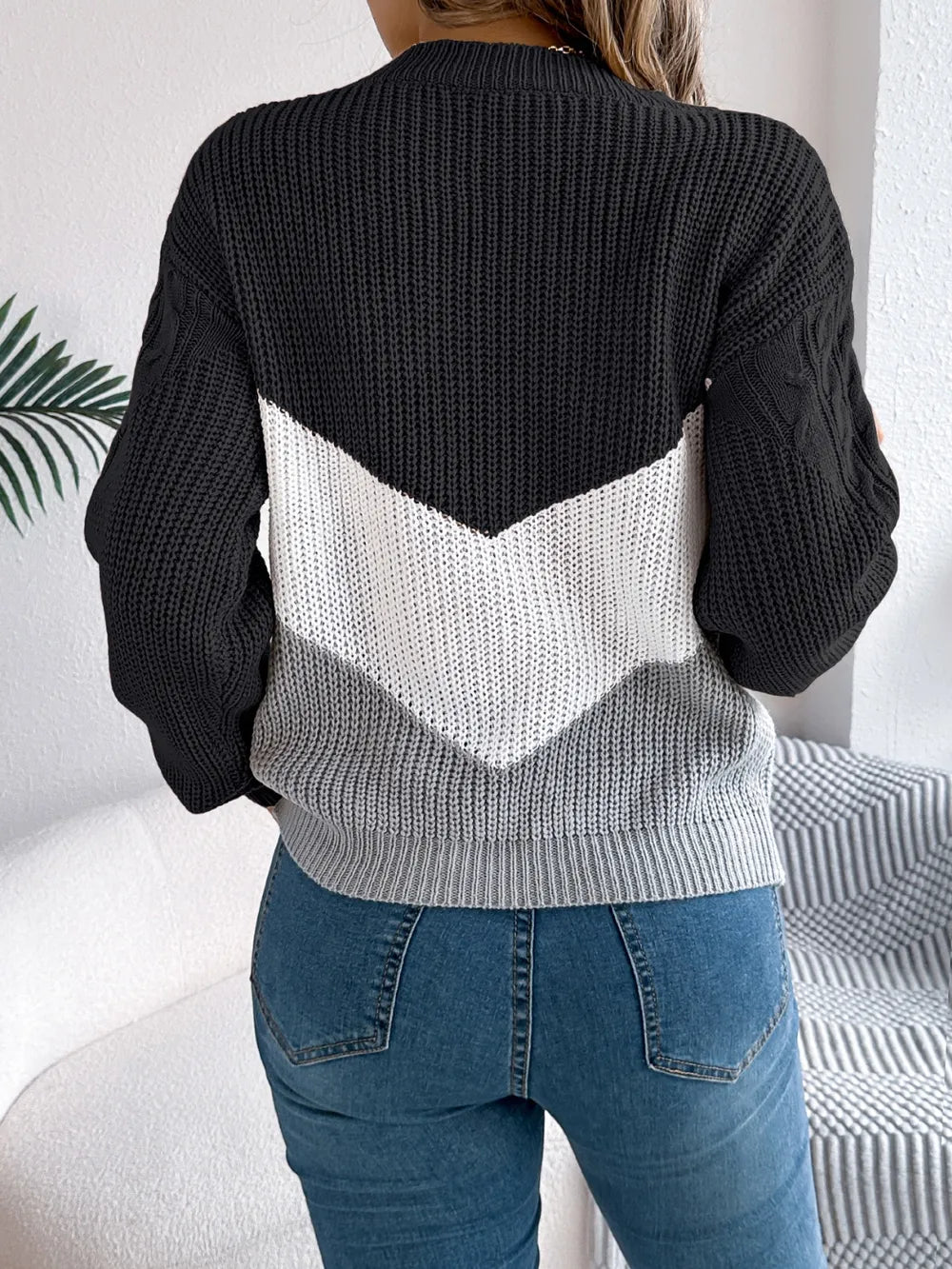 Back view cable knit color block sweater casual style