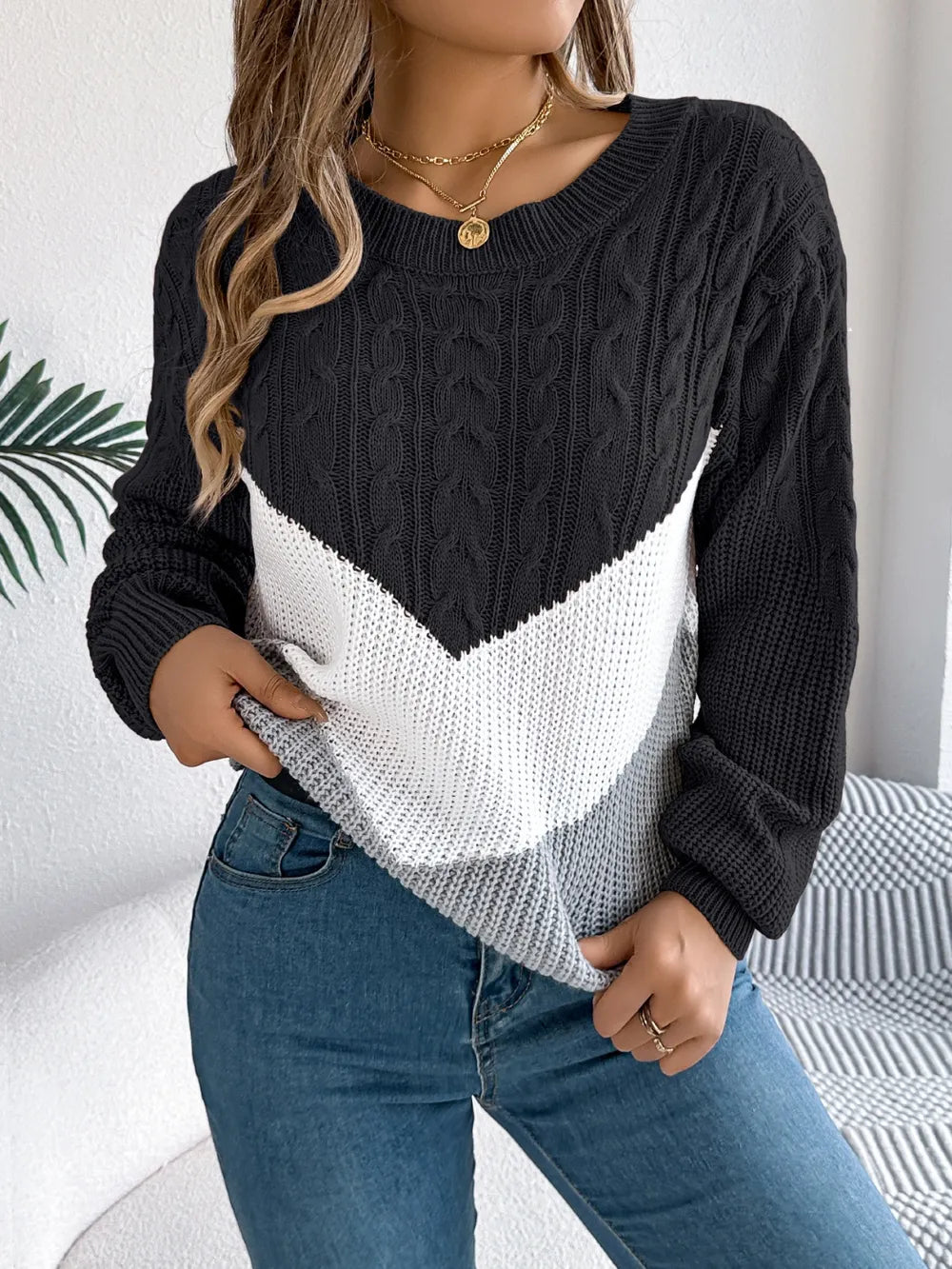 Color block sweater front view casual daily wear