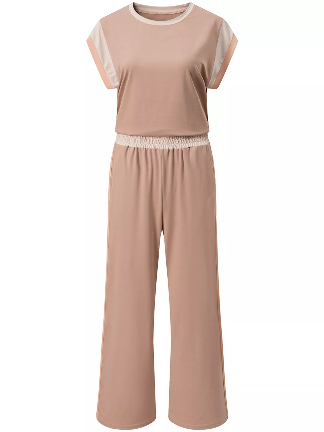 Front full look of color block detail casual two-piece set