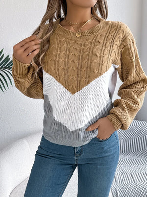 Stylish color block sweater front view soft knit fabric