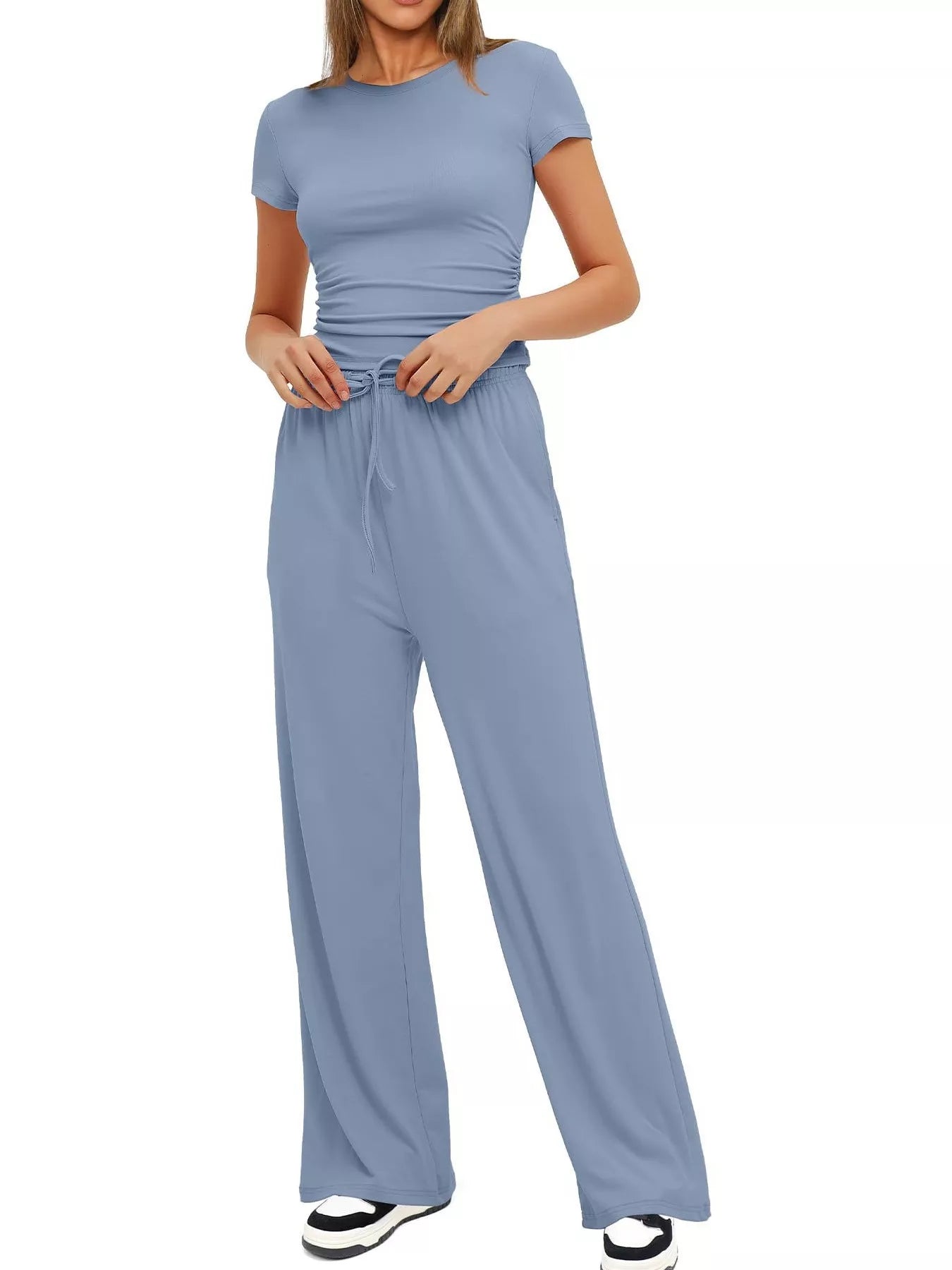 Comfortable short sleeve top and drawstring pants front