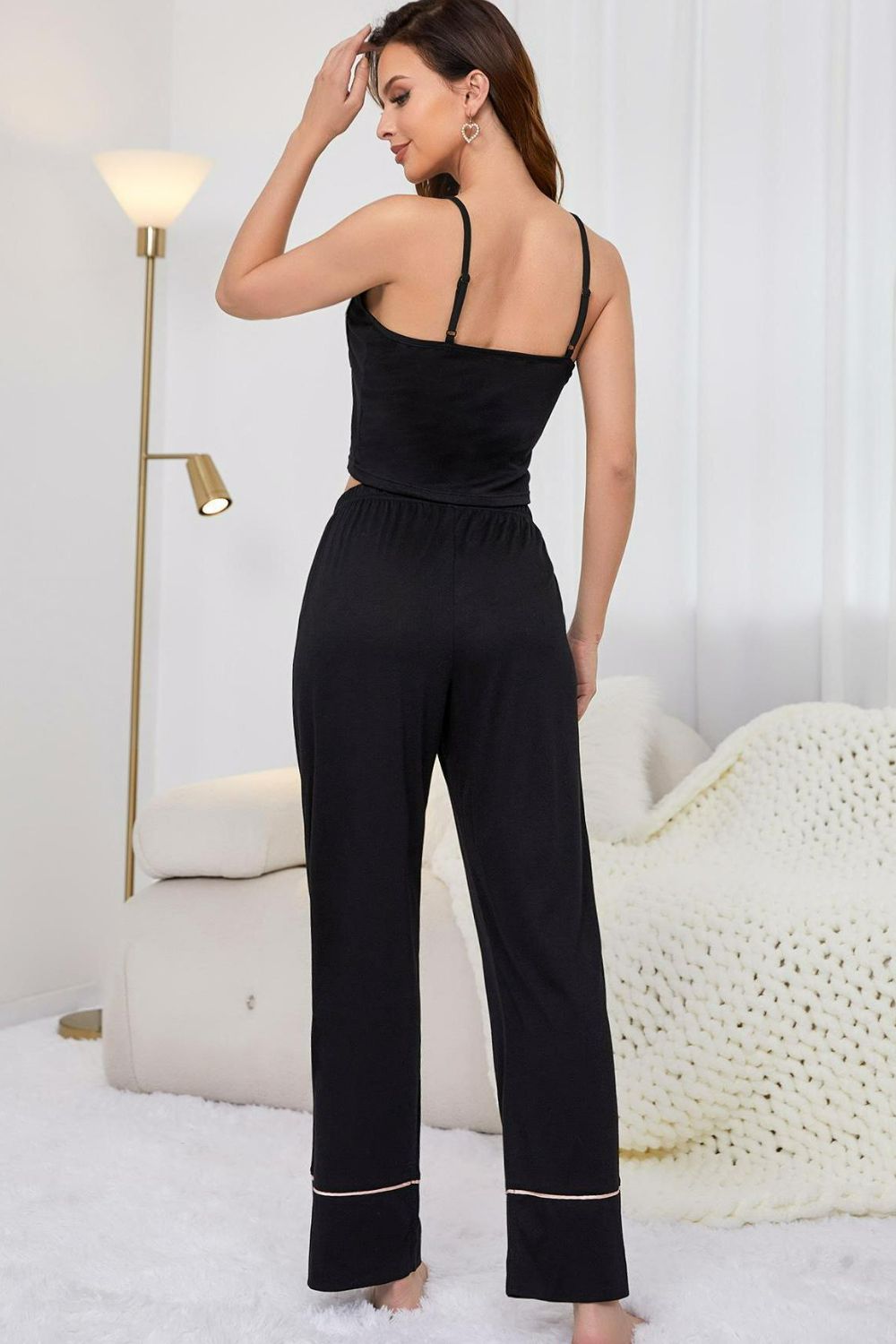 Back view of contrast trim cropped cami and pants loungewear set