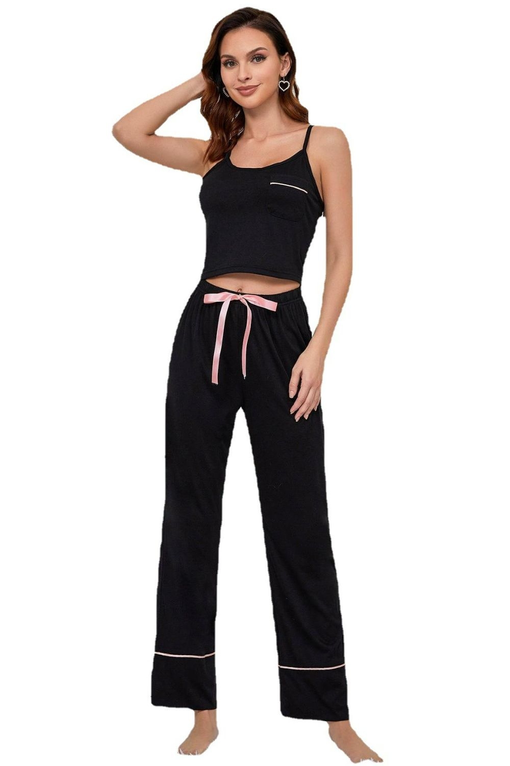 Front full look of contrast trim cropped cami and pants set