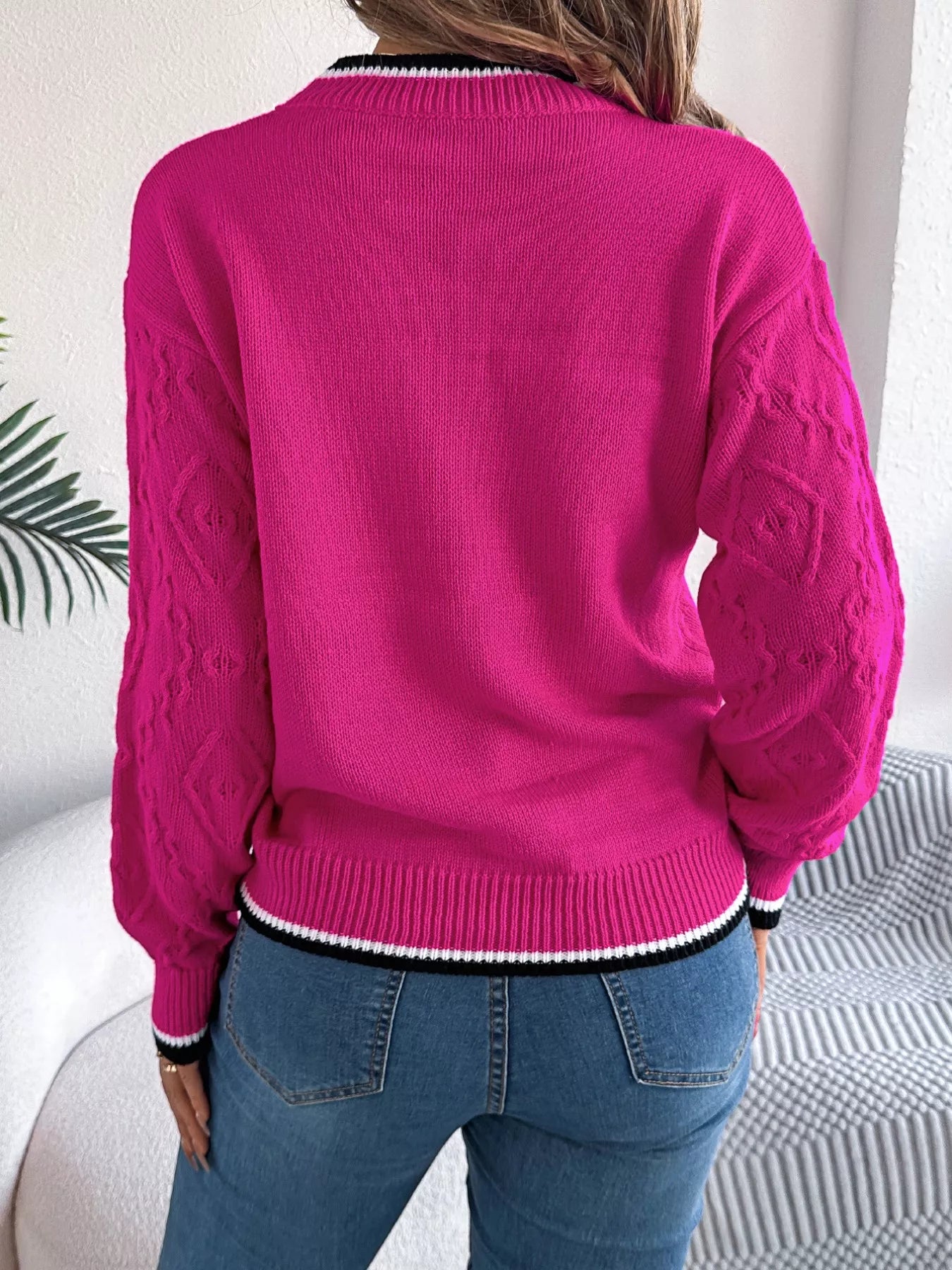 back view of contrast trim round neck sweater showing design details
