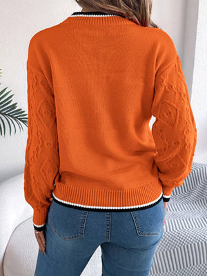 full back view of contrast trim round neck sweater