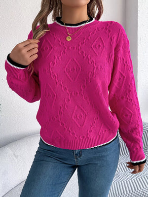 casual round neck sweater with contrast trim front style
