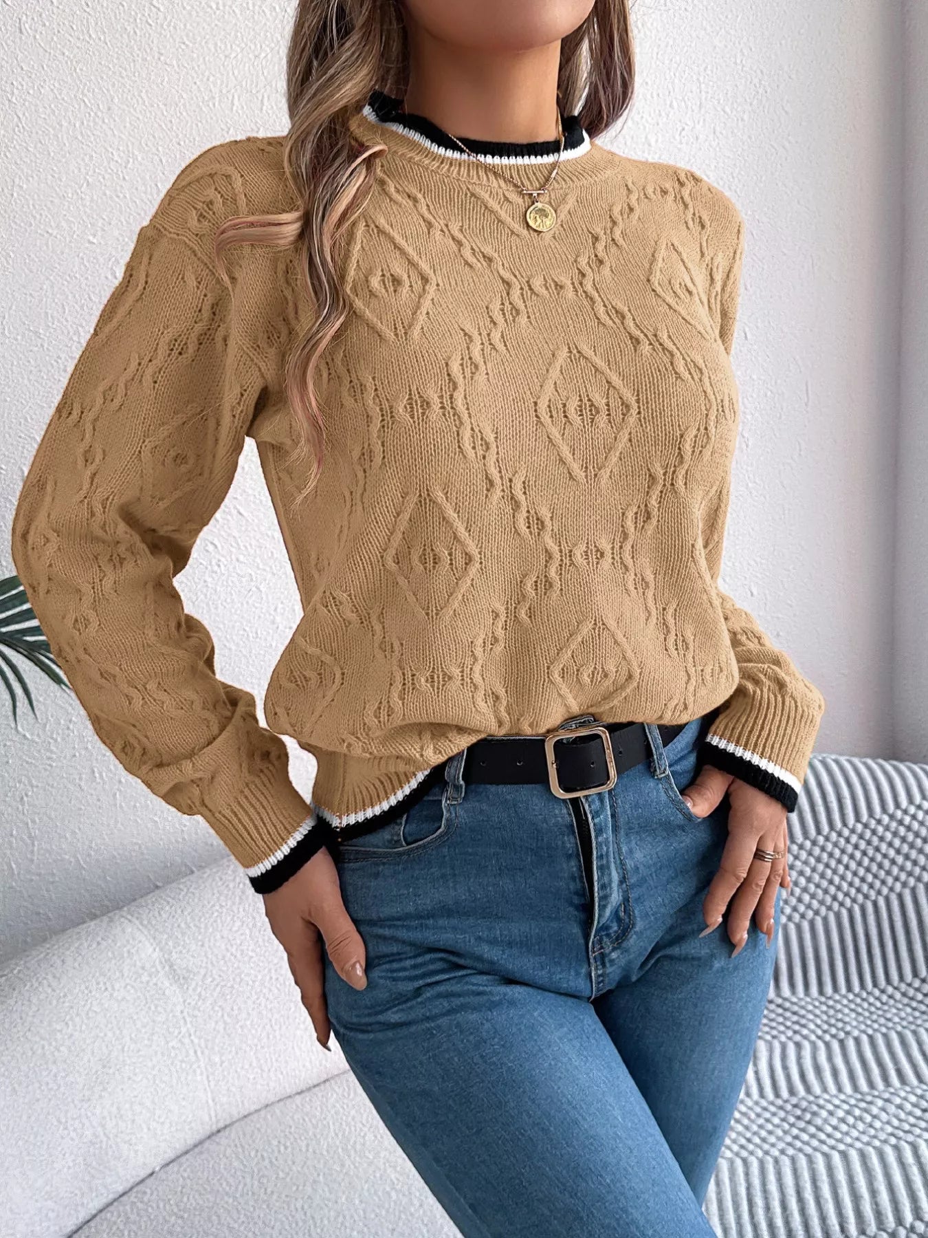 cozy round neck sweater with contrast trim front fashion