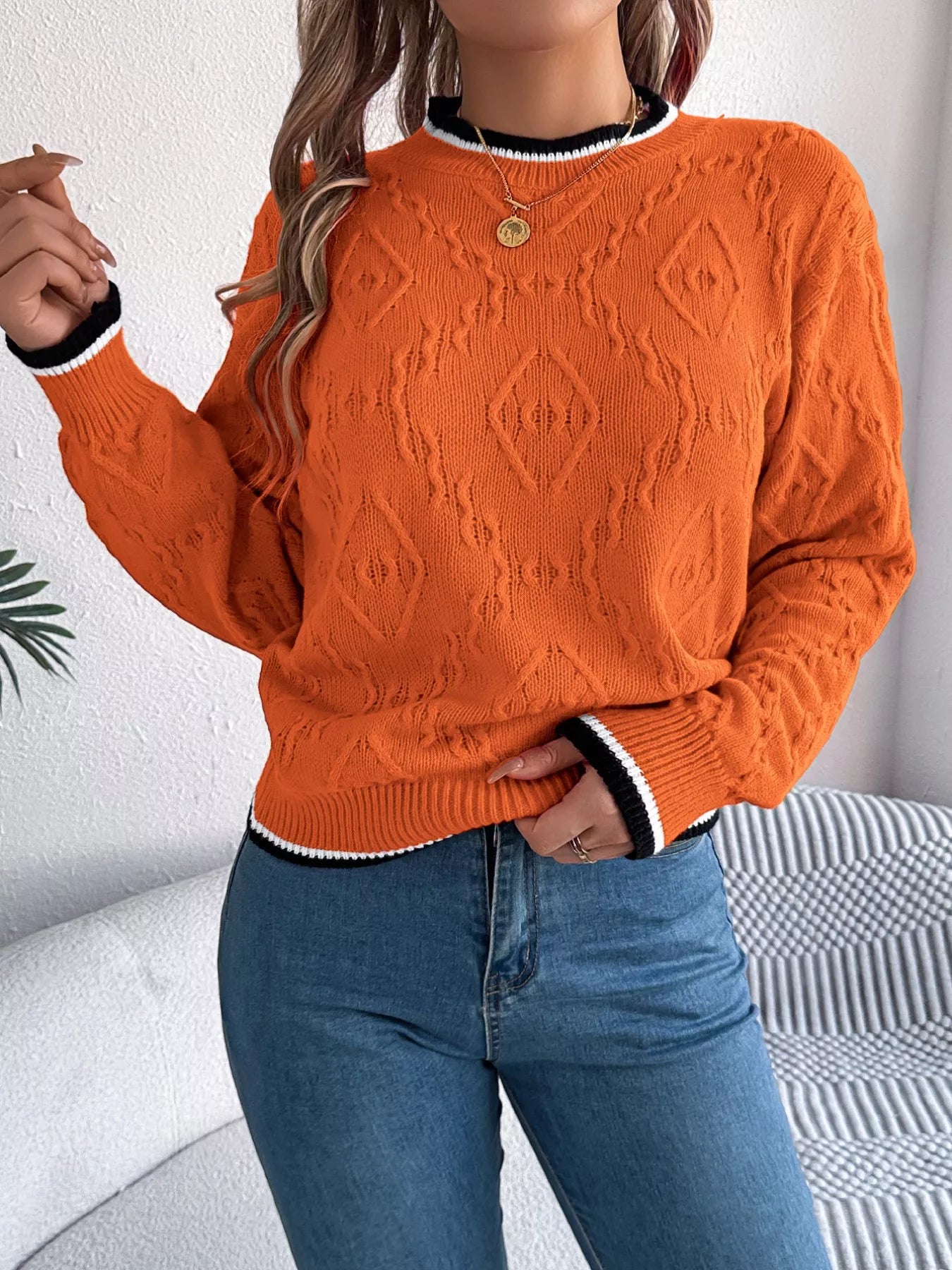 winter fashion contrast trim sweater front outfit idea
