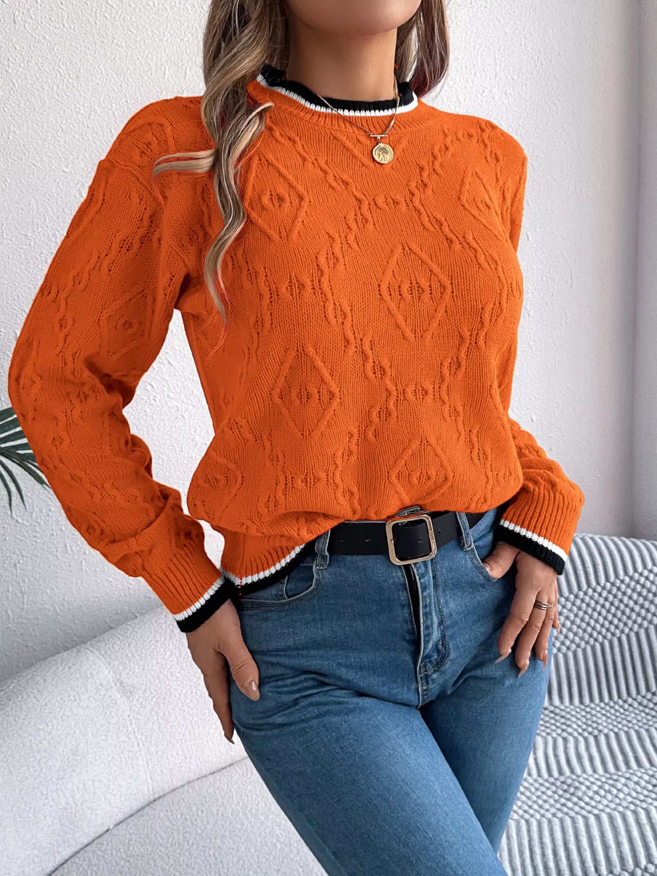 soft cozy knit sweater contrast trim front styling