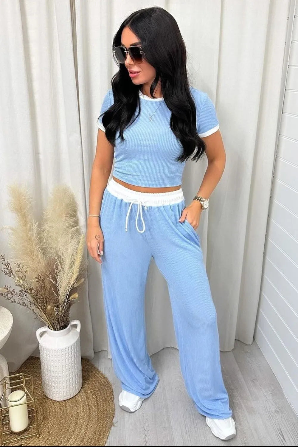 Front lifestyle look of contrast trim round neck set