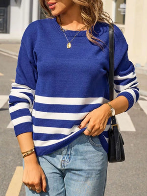 cozy striped crew neck sweater front soft fabric look