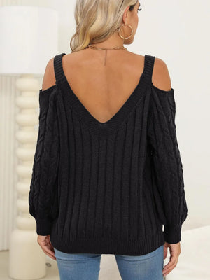 Back side of Cable-Knit Heart V-Neck Sweater showing textured knit finish