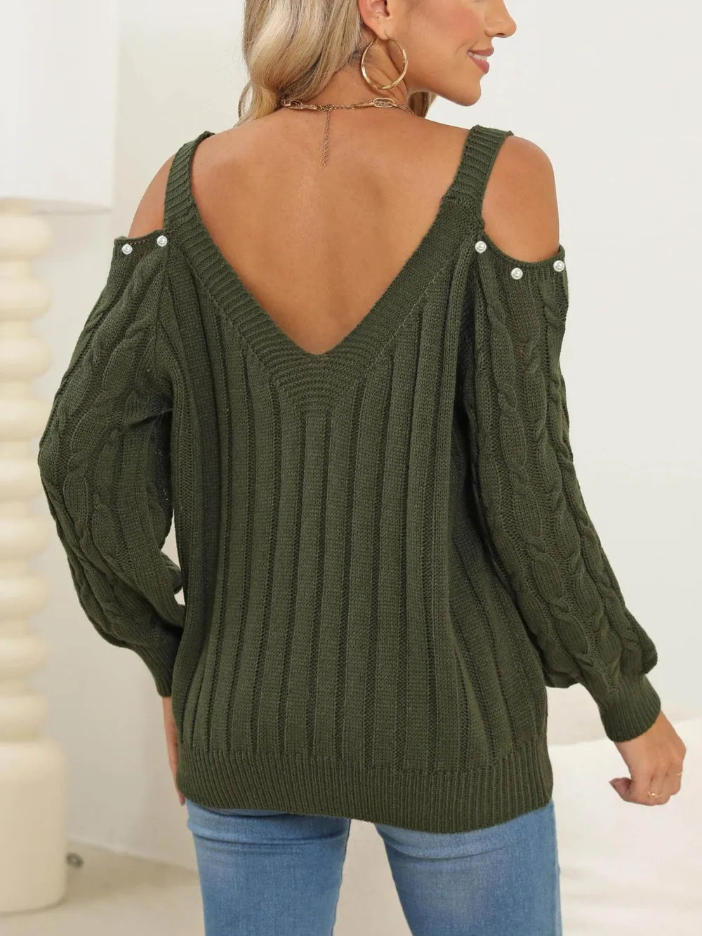 Cable-Knit Cold Shoulder Sweater back view showing relaxed fit