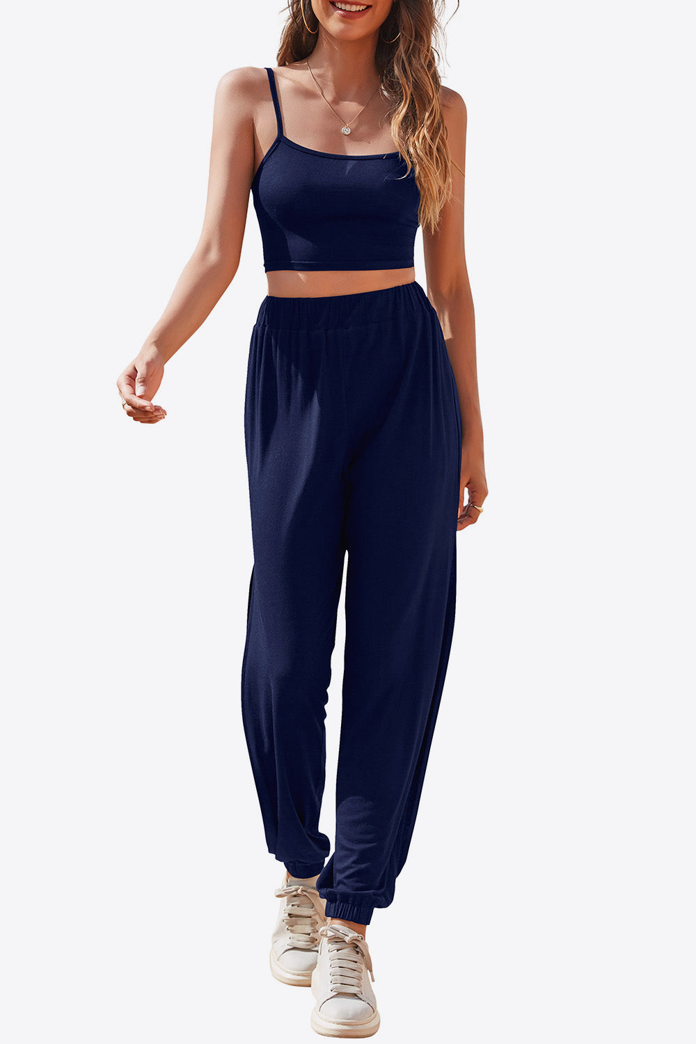 Front casual styling of cropped cami and joggers set