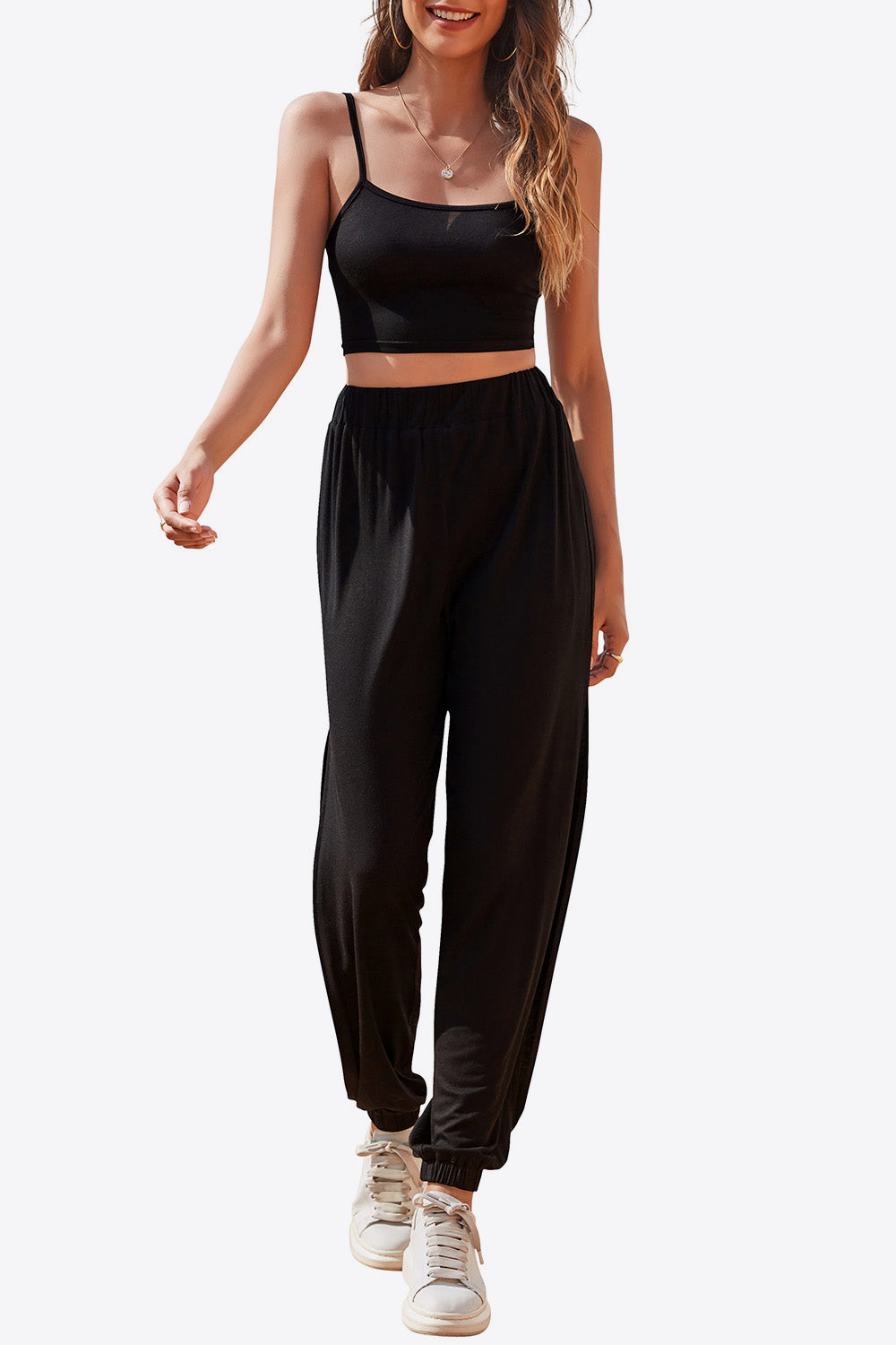 Front modern casual look of cropped cami and joggers set