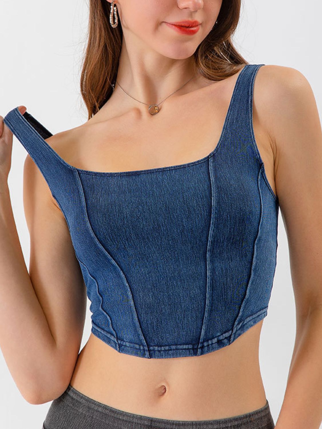 Seam detail denim crop tank front look