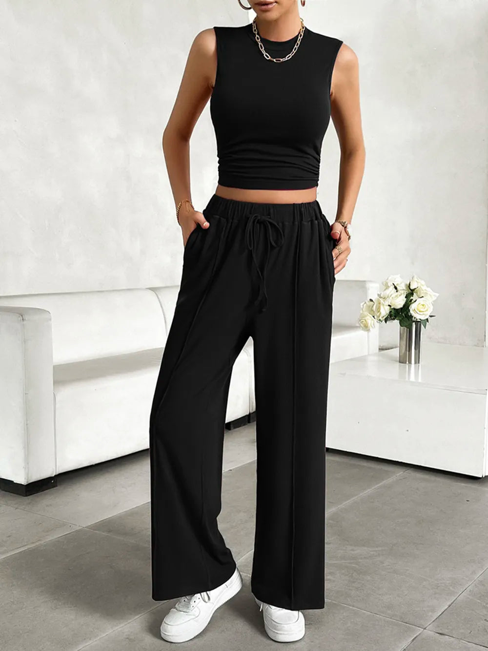 Front view of Devine relaxed sleeveless pants set