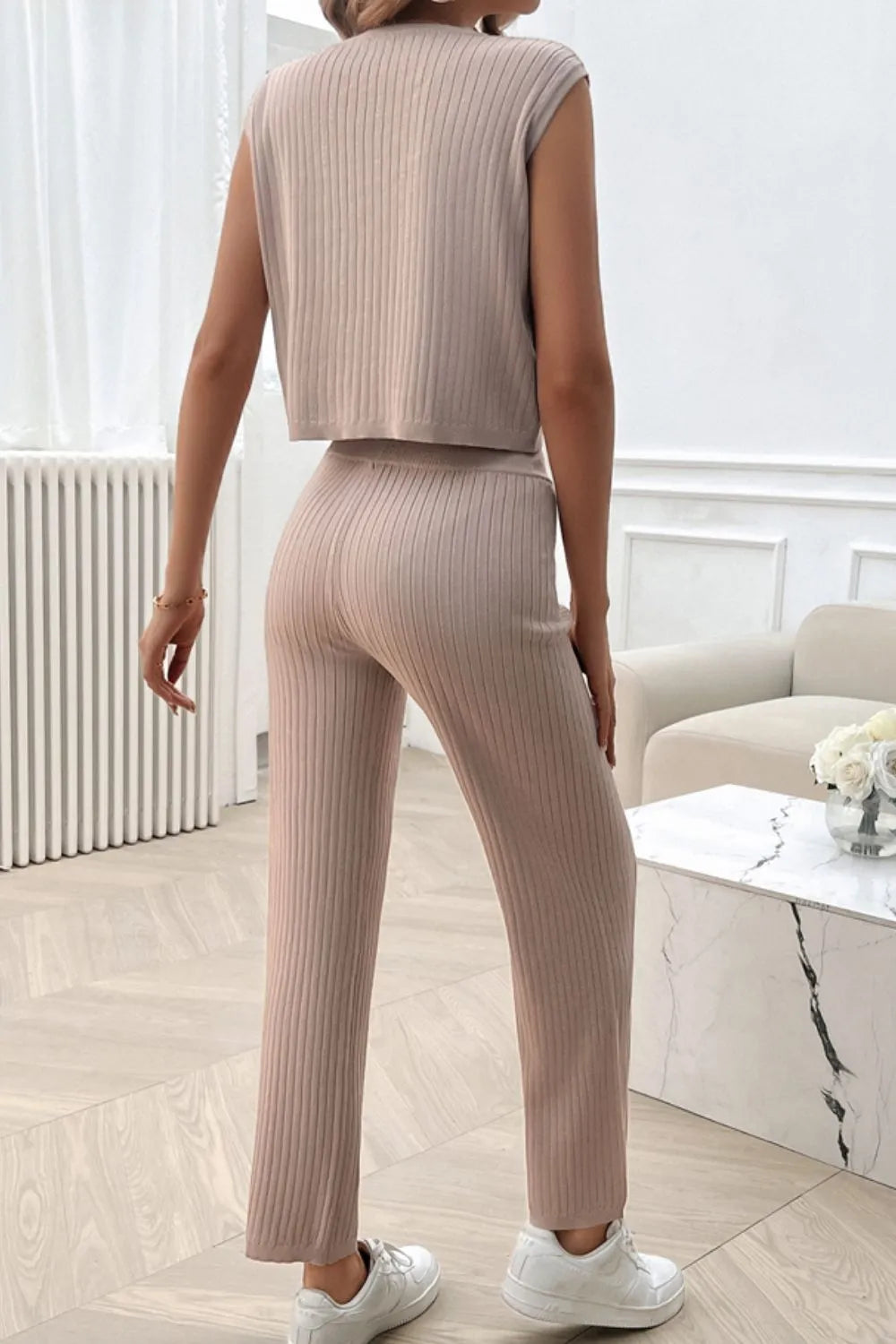 Back view of Devine ribbed round neck top and pants set