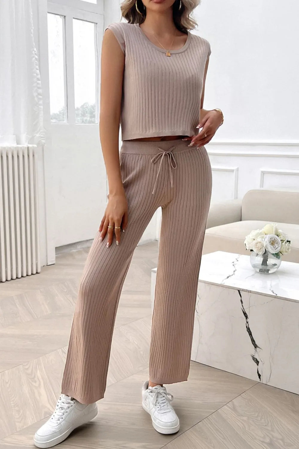 Front view of Devine ribbed round neck top and pants set