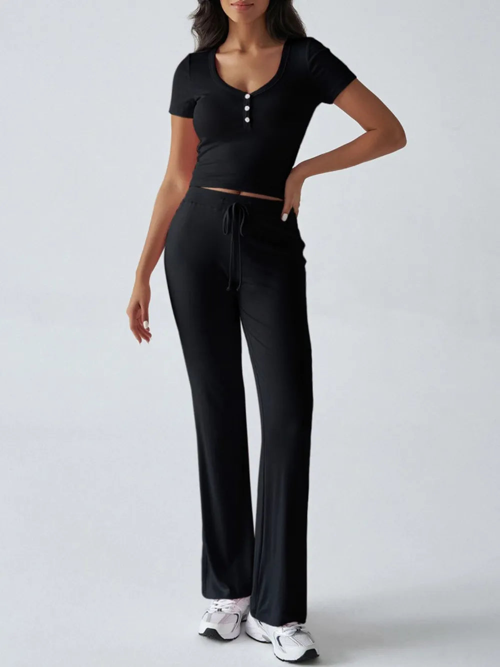 Front view of Devine short sleeve top and drawstring pants set