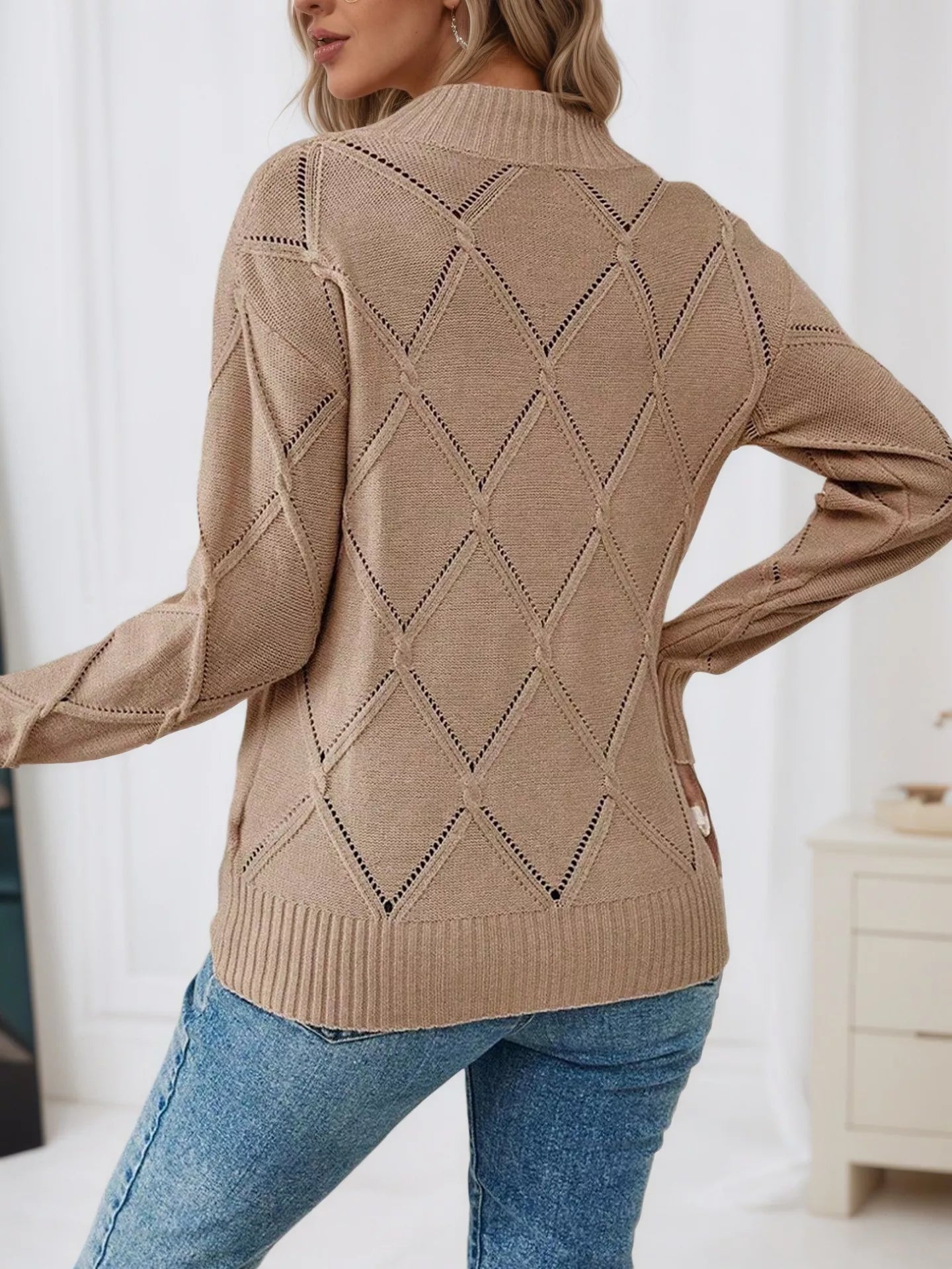 Back view of diamond eyelet knit top long sleeve lightweight sweater