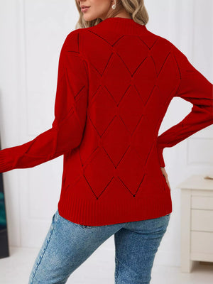 Back view long sleeve diamond eyelet knit top breathable sweater