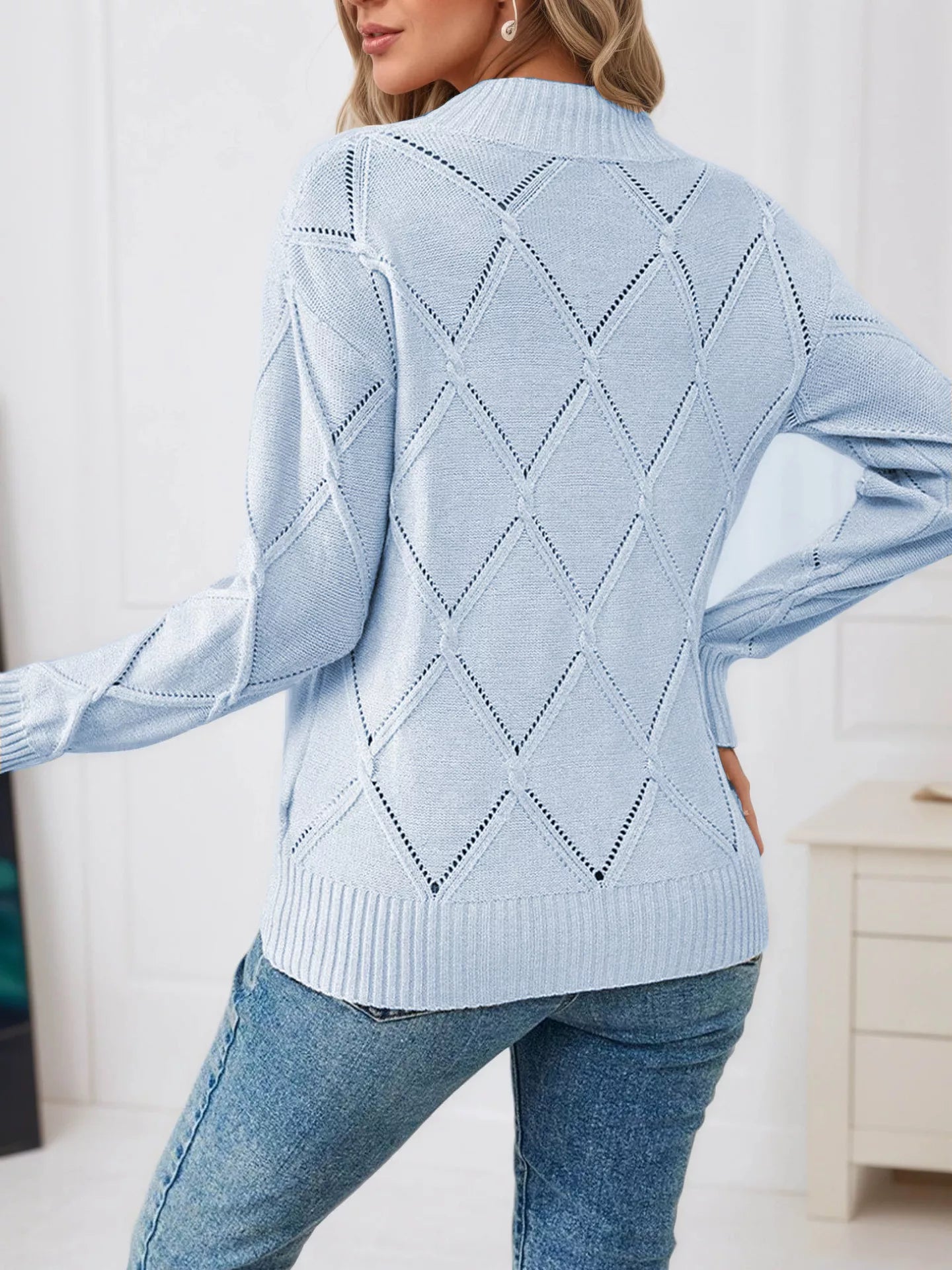 Rear view diamond knit top long sleeve breathable design