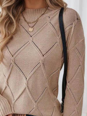 Front look diamond eyelet knit top casual elegant outfit