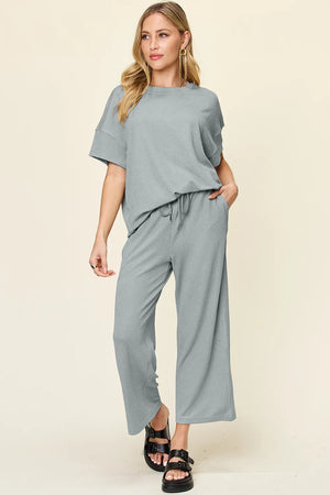 Front view of Double Take round neck short sleeve t-shirt and wide leg pants