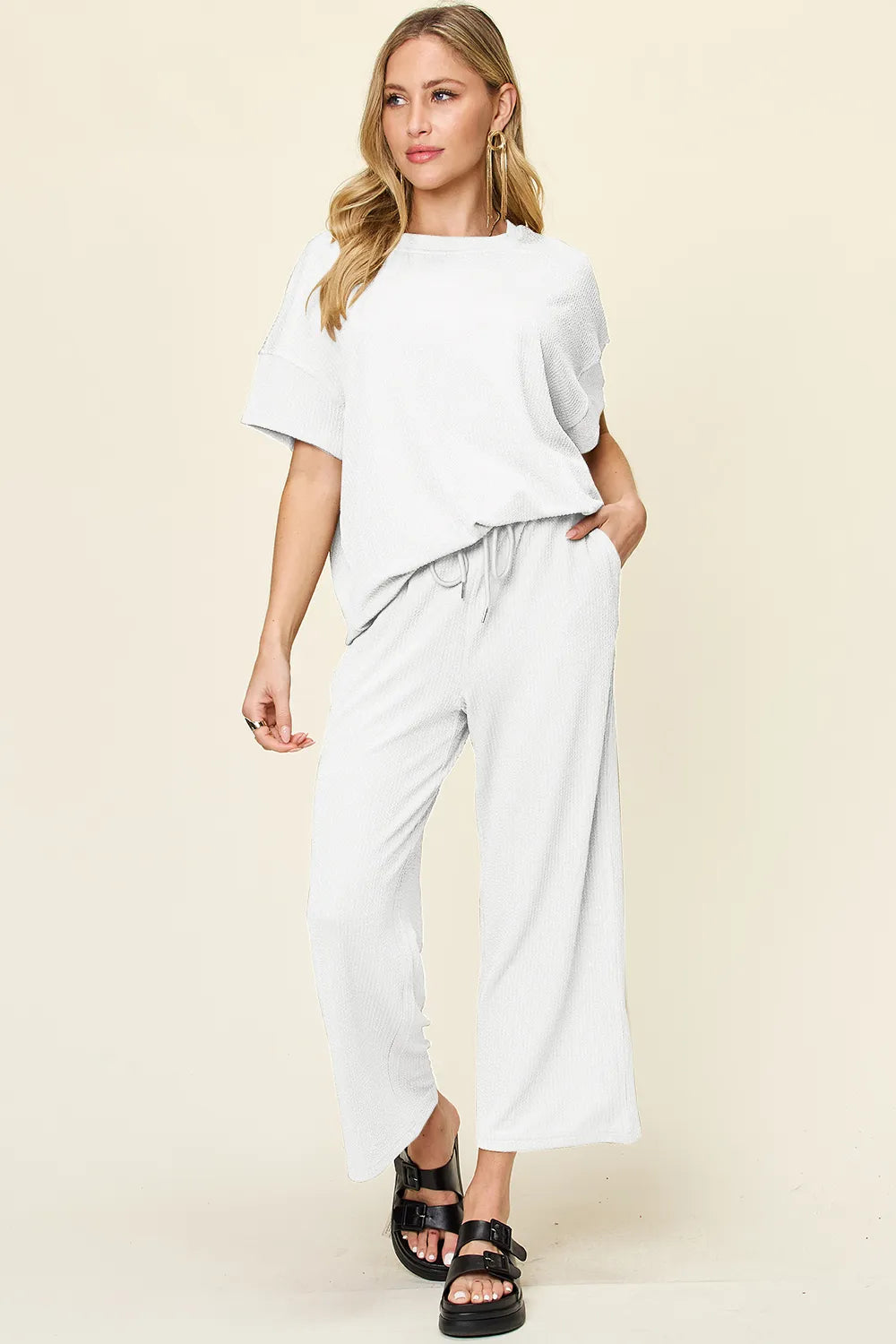 Front look of Double Take round neck t-shirt and pants