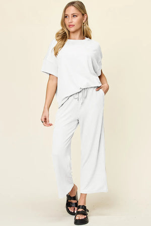 Front look of Double Take round neck t-shirt and pants
