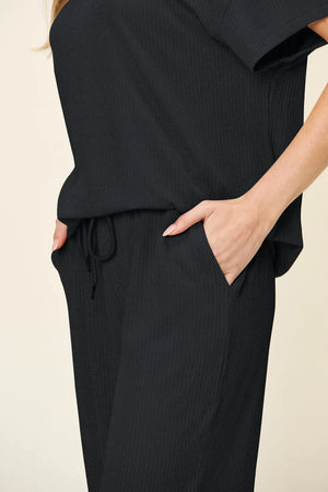 Side view of Double Take round neck t-shirt and pants