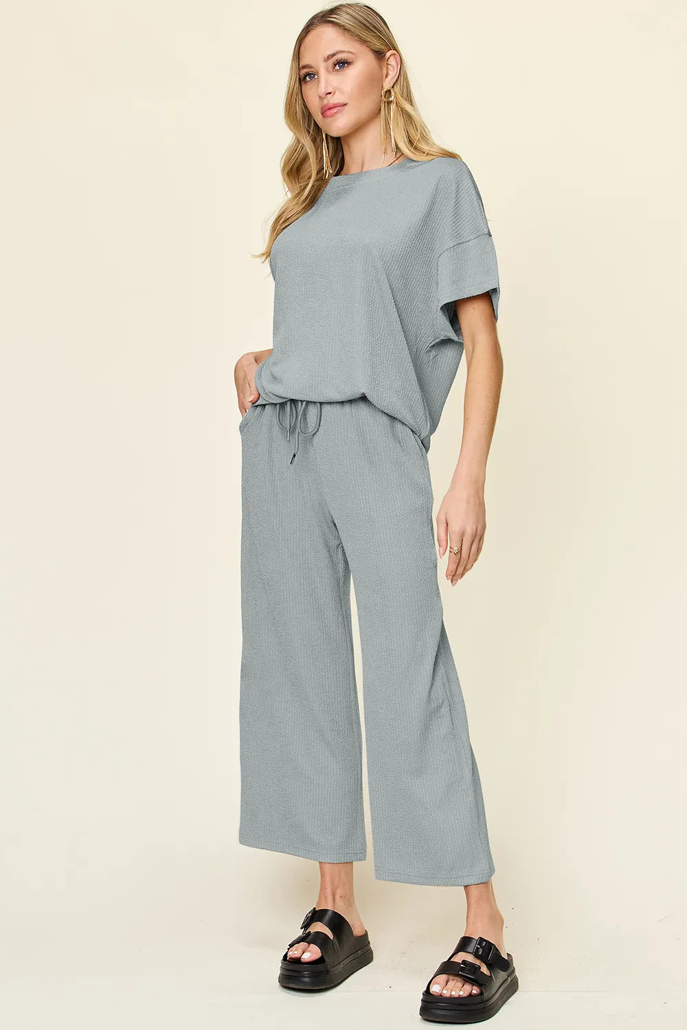 Side angle of Double Take textured t-shirt and pants set