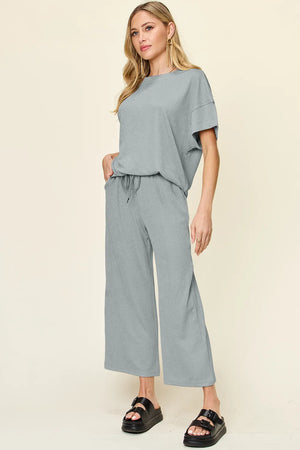 Side angle of Double Take textured t-shirt and pants set