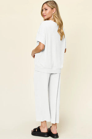 Side angle of Double Take textured t-shirt and wide leg pants