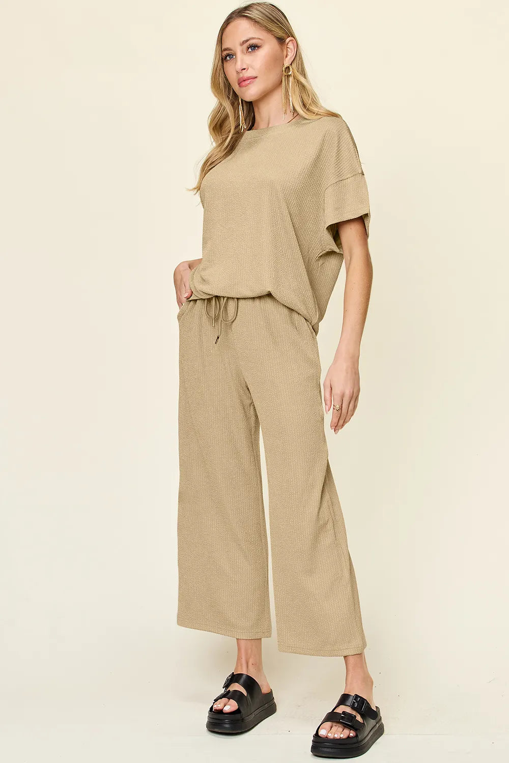 Side view of Double Take round neck t-shirt and pants set