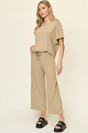 Side view of Double Take round neck t-shirt and pants set