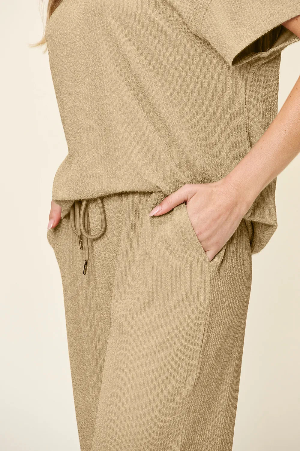 Side view of Double Take round neck t-shirt and wide leg pants
