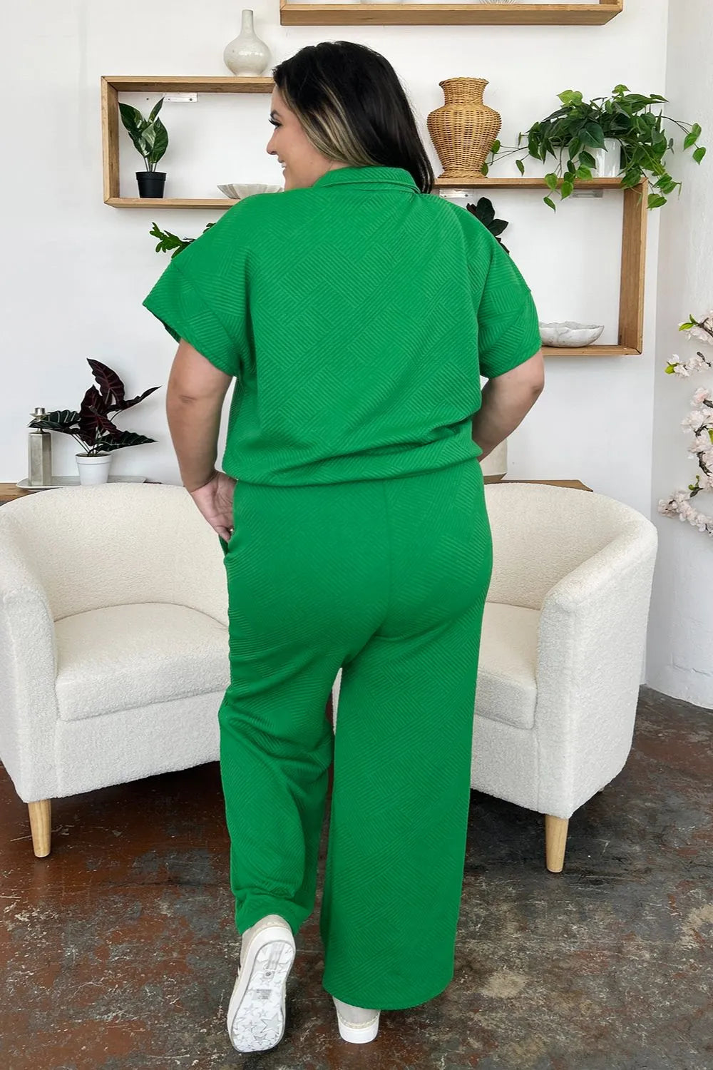 Back view of Double Take texture top and pants set