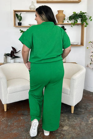 Back view of Double Take texture top and pants set