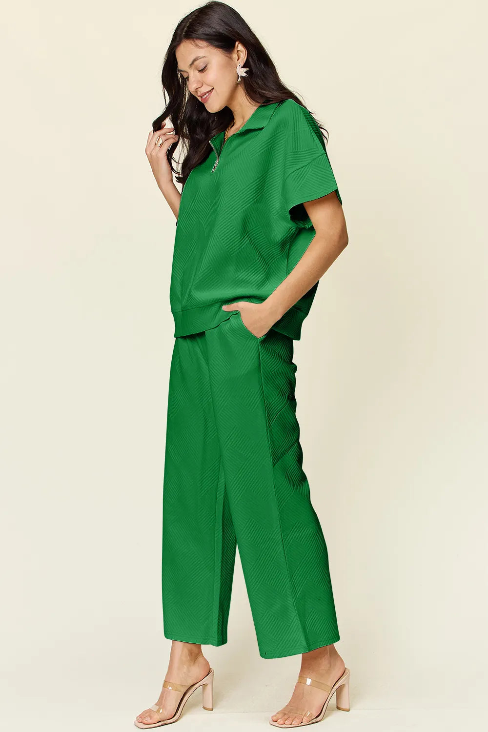 Side angle of Double Take half zip pants set