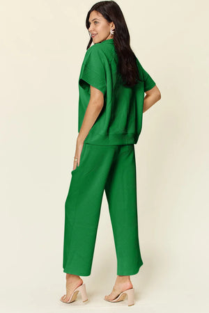 Side look of Double Take short sleeve top and pants