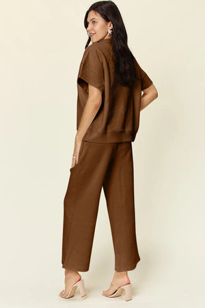 Side angle of Double Take half zip pants outfit