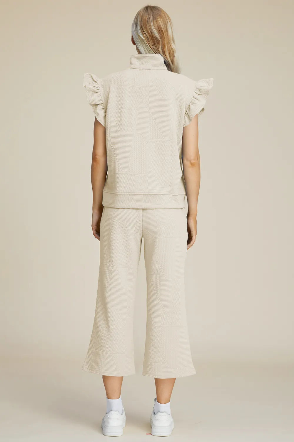 Back view of Double Take textured ruffle top and pants set