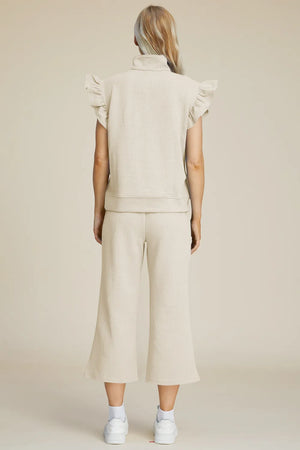Back view of Double Take textured ruffle top and pants set