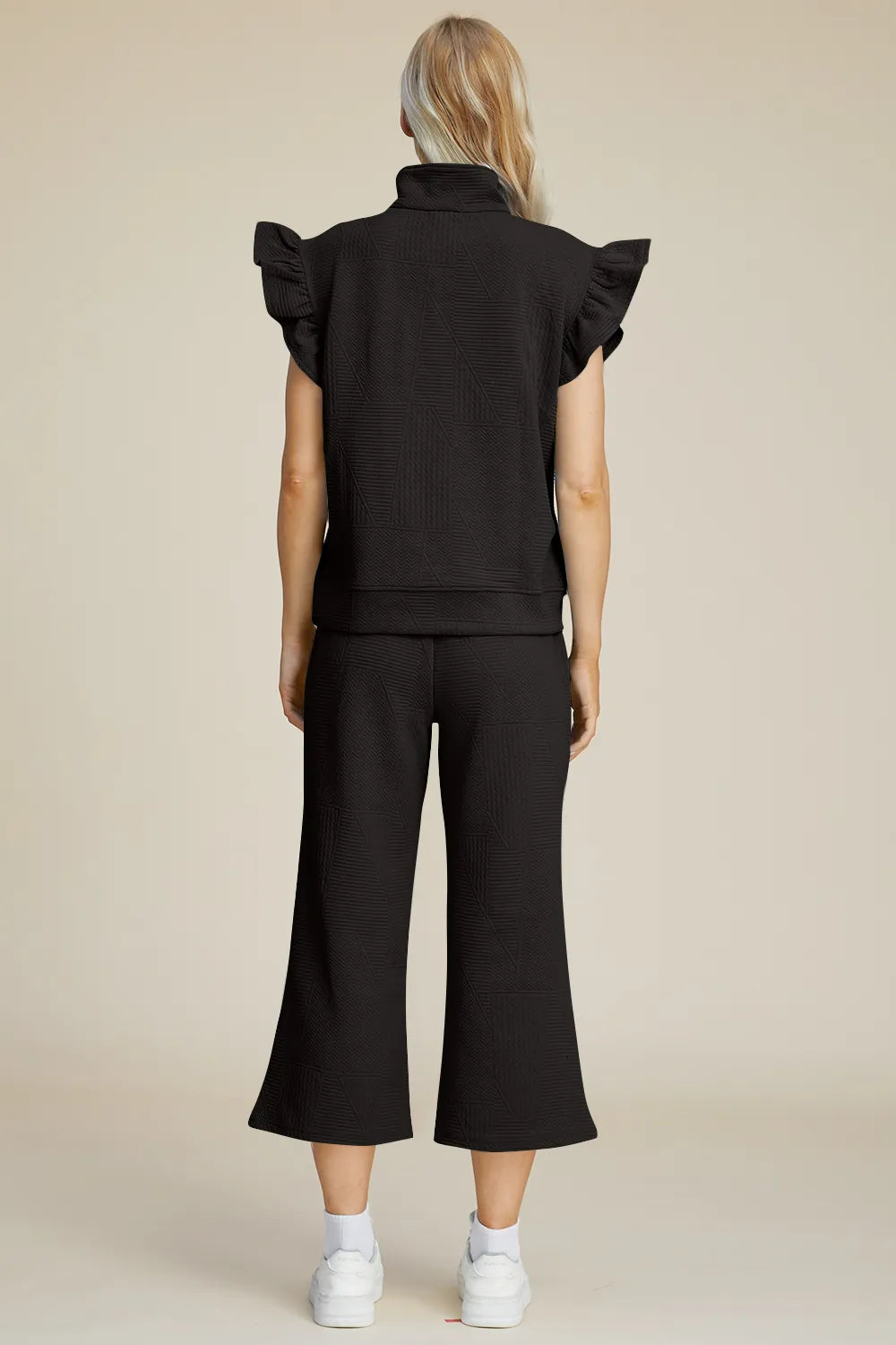 Back view of Double Take textured ruffle short sleeve top and pants