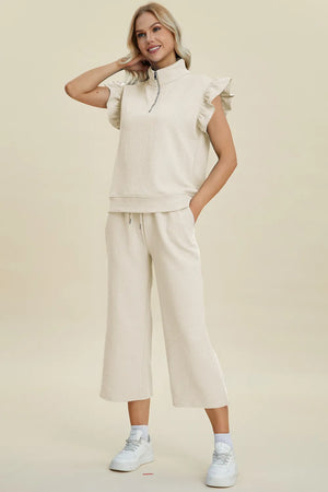 Stylish front look of Double Take textured ruffle short sleeve set