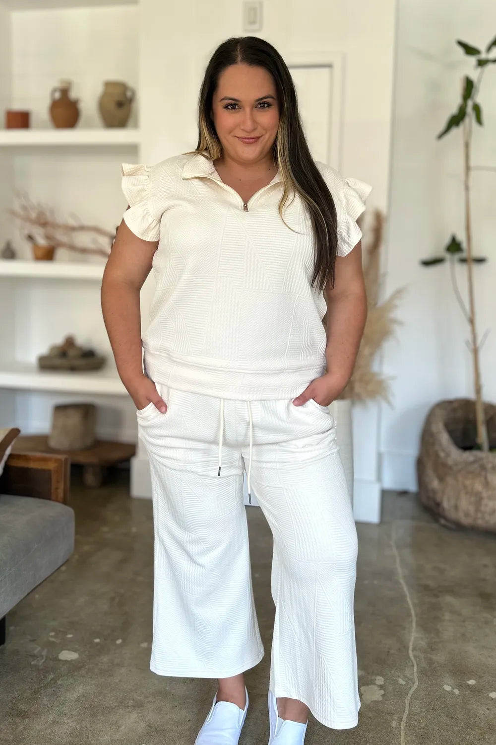 Stylish front design of Double Take textured two-piece set