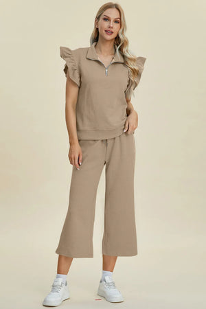 Front view of Double Take ruffle short sleeve top and pants